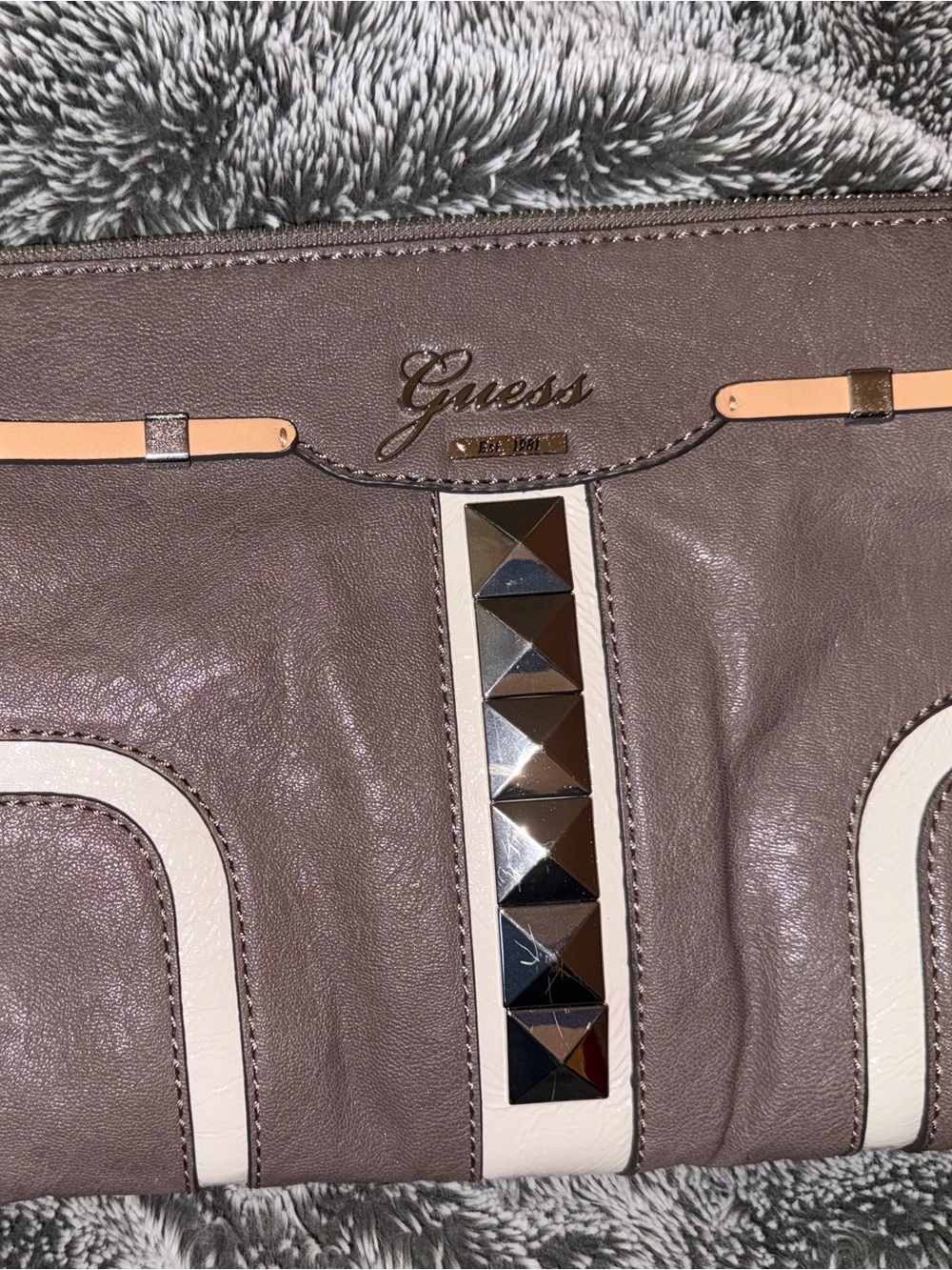 Guess Taupe Clutch with Cream Trim and Gold Stud Accents